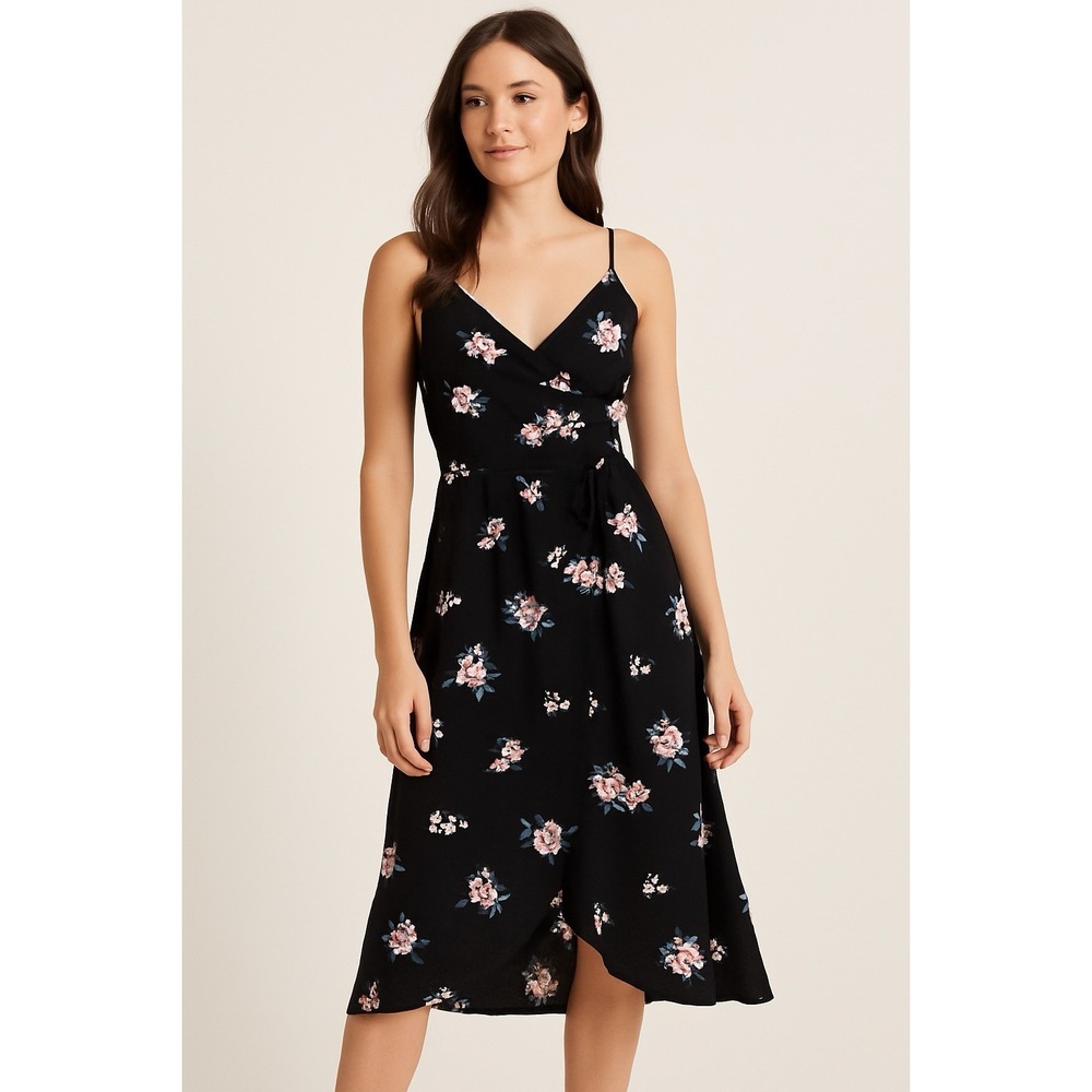 Abercrombie & Fitch Dress Womens Small Black Floral Wrap Midi Sleeveless V Neck